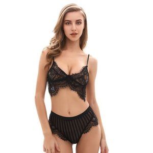 Brazilian Black Strappy Transparent Lace Bra and Panty Sets - 2 Piece Matching